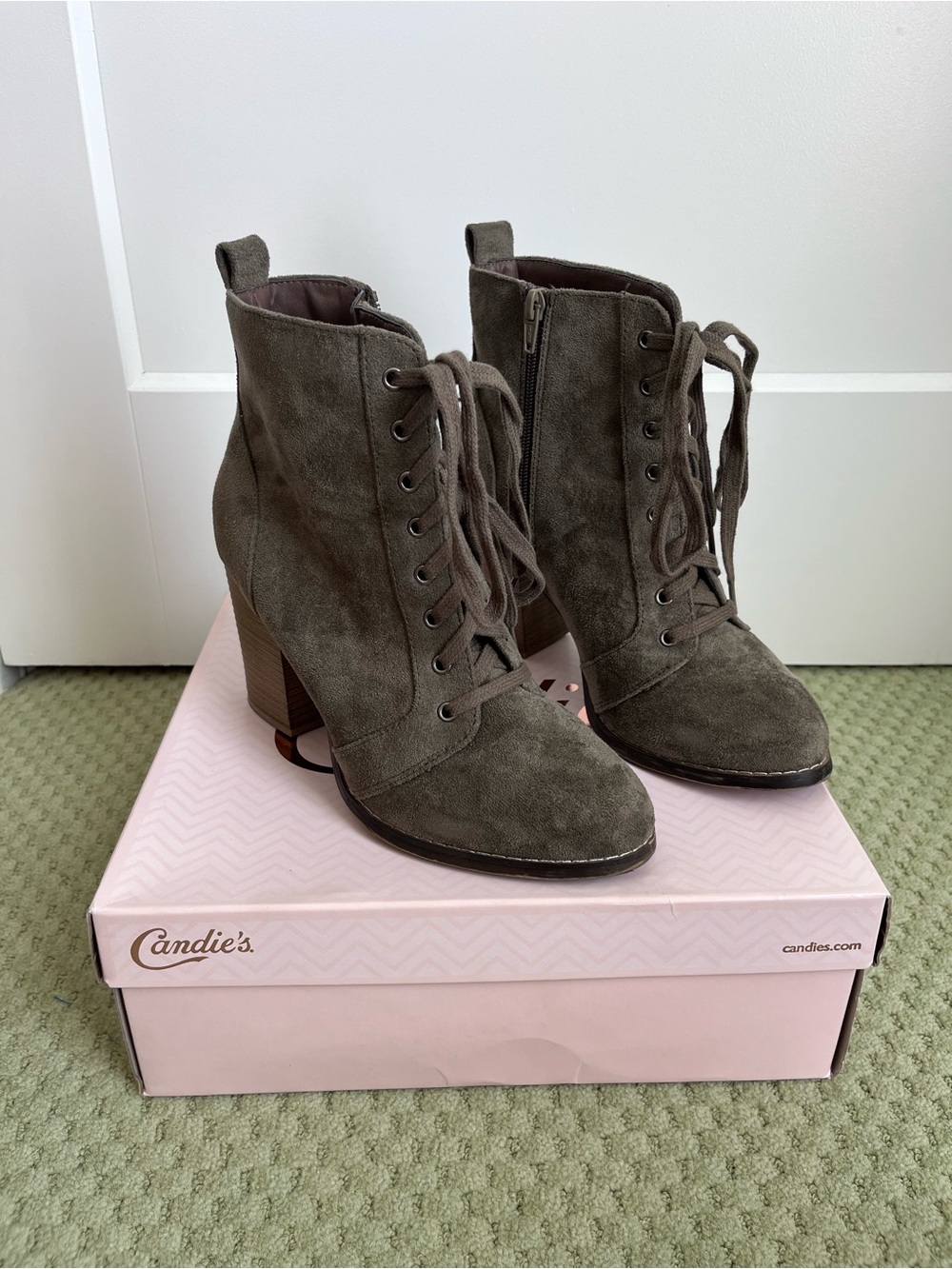 Candie's Olive Green Suede Lace-Up Block Heel Ankle Boots